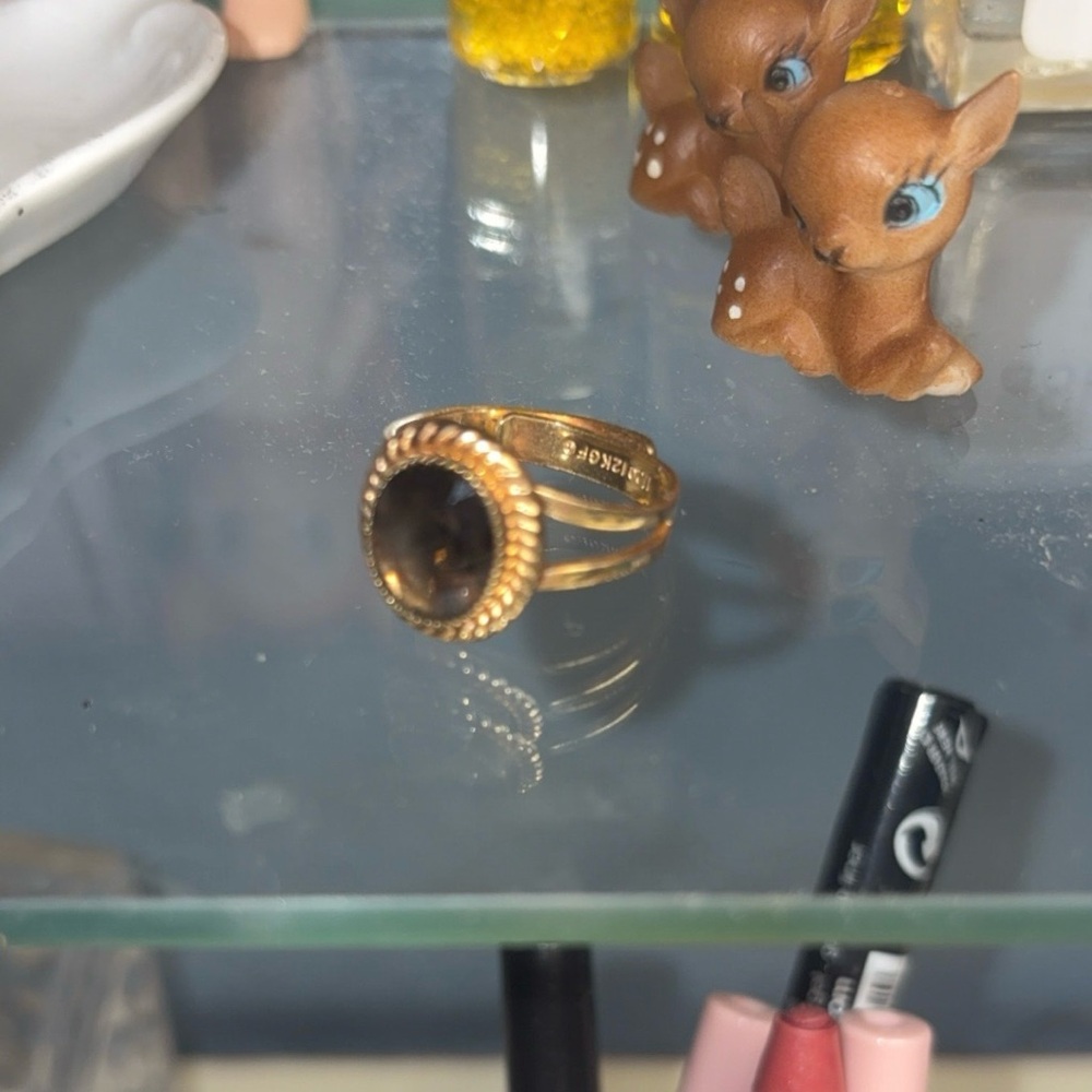 12k gold filled adjustable ring with brown gem
